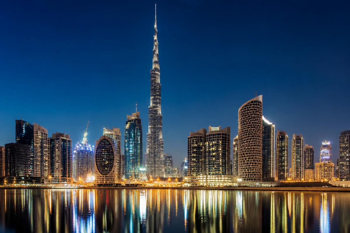Skyline de Dubaï de nuit avec le Burj Khalifa illuminé